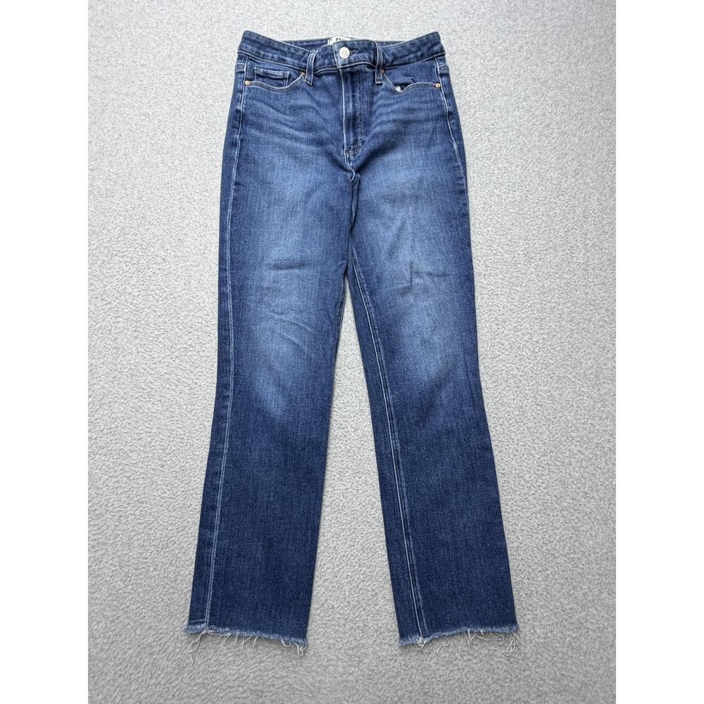Paige Cindy Straight Jeans Womens 30 Blue Med Wash High Rise Raw Hem Stretch